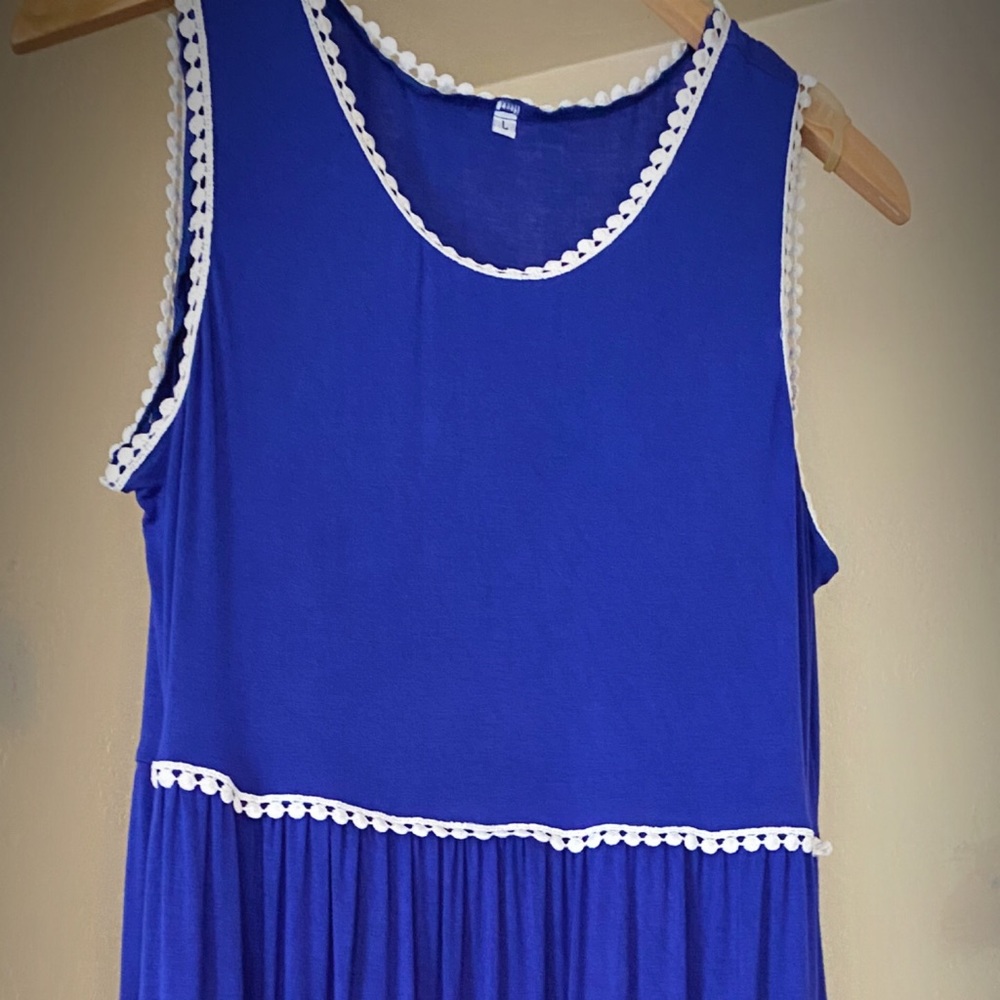 EUC blue maxi dress with white trim detail.